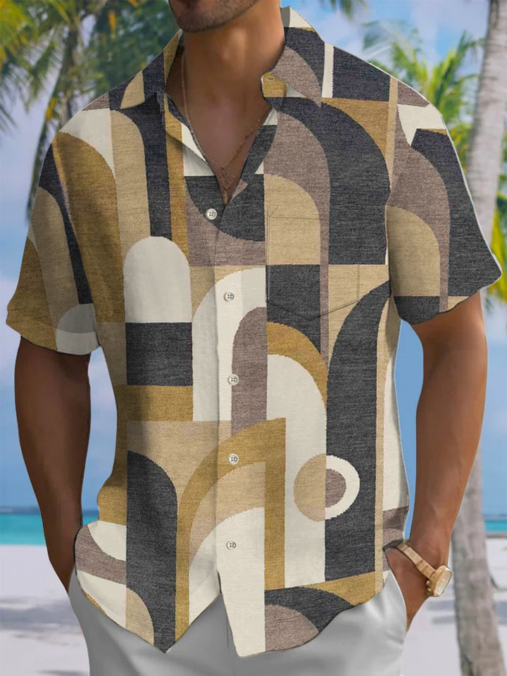 Alohadaddy® Casual Vintage Geometric Art Print Chest Pocket Men&