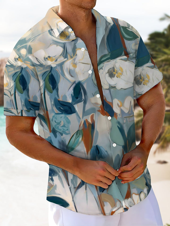Alohadaddy® Casual Floral Art Print Chest Pocket Mens Wicking Short Sleeve Shirt Big &amp; Tall