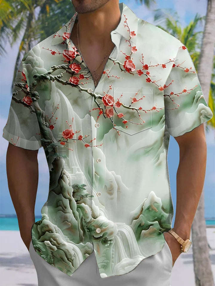 Alohadaddy® Hawaiian Embossed Floral Wave Art Print Chest Pocket Men&
