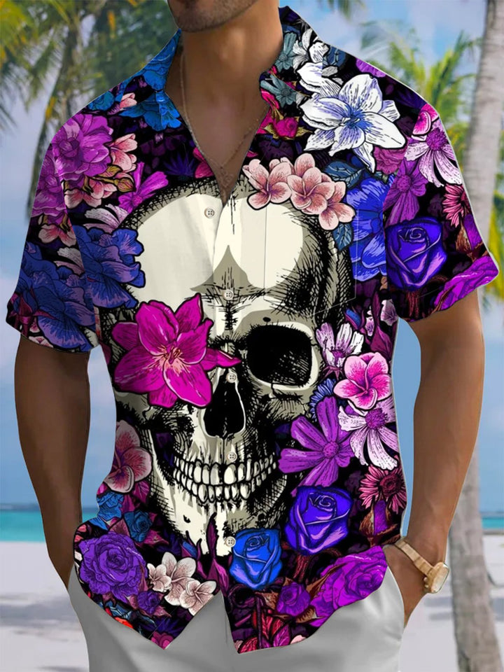 Alohadaddy® Hawaiian floral skull print chest pocket men&