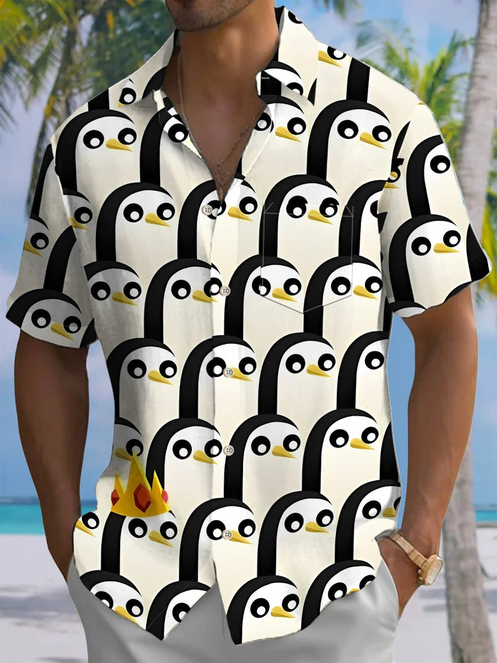 Alohadaddy® Casual Penguin Cartoon Contrast Art Print Chest Pocket Men&