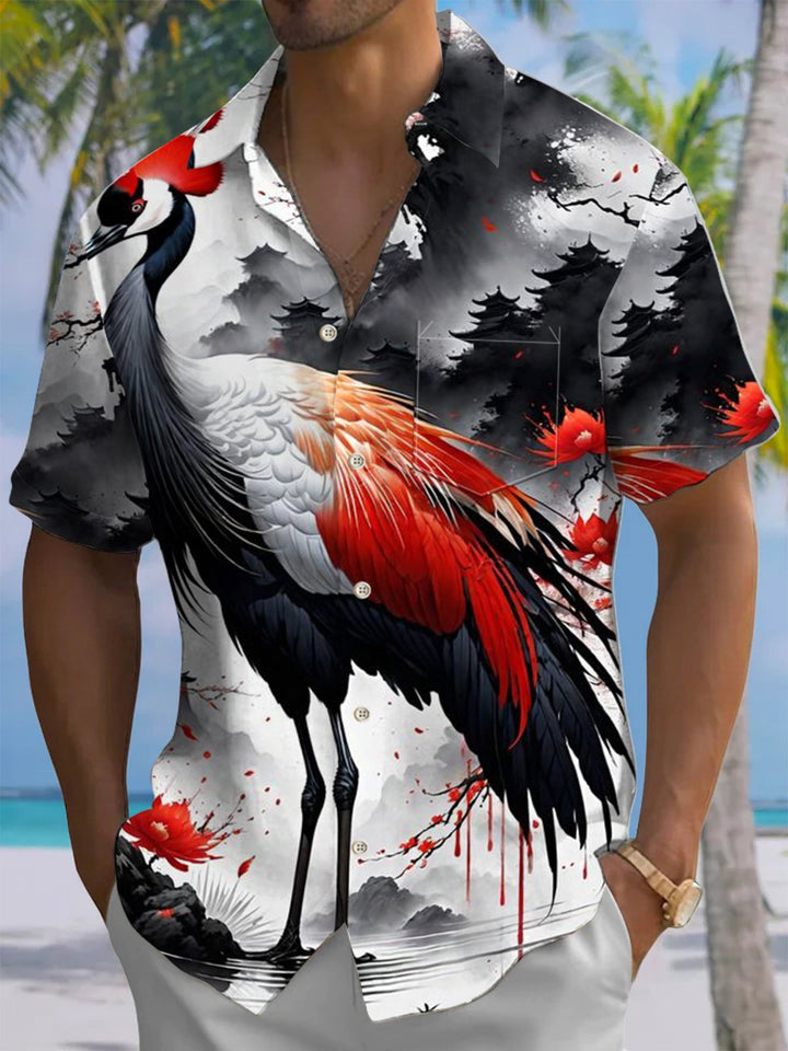 Alohadaddy® Casual Red-Crowned Crane Ink Painting Print Art Chest Pocket Men&