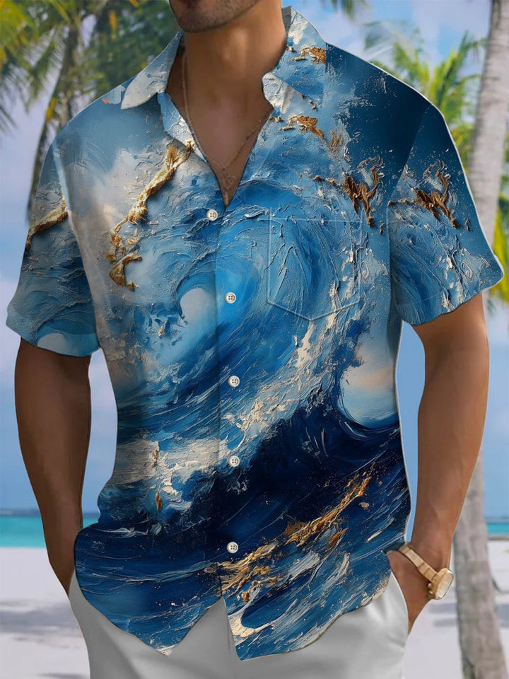 Alohadaddy® Hawaiian acrylic wave print with chest pocket for men&