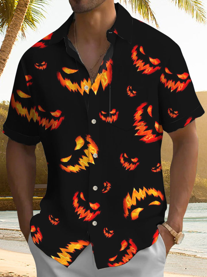 Alohadaddy® Halloween Pumpkin Monster Printed Artwork Chest Pocket Men&