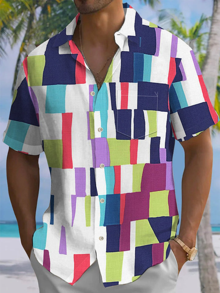 Alohadaddy® Casual Geometric Art Print Chest Pocket Stretch Men&
