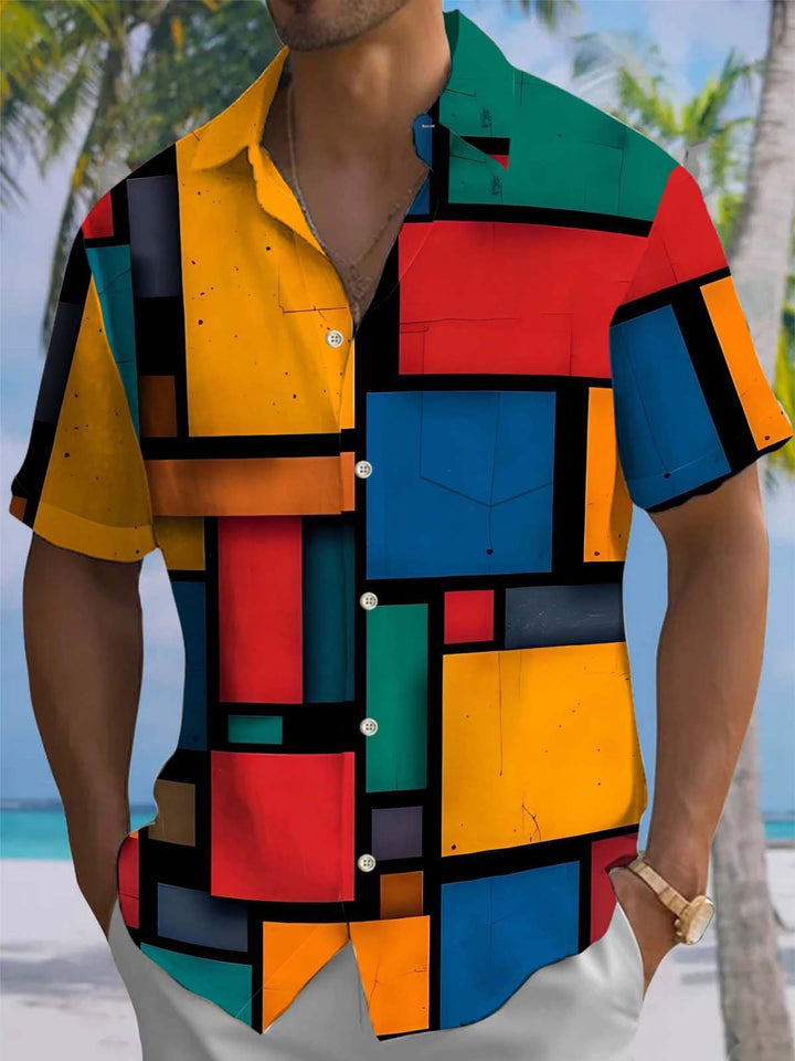 Alohadaddy® Vintage Geometric Art Print Chest Pocket Stretch Men&