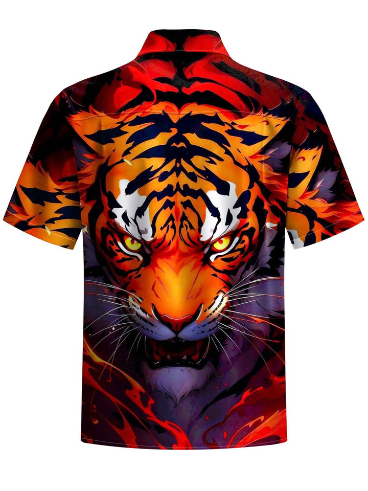 Alohadaddy® Casual Tiger Art Print Chest Pocket Stretch Men&