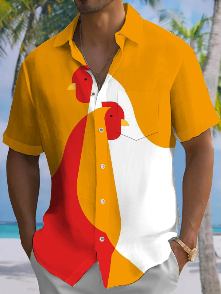 Alohadaddy® Casual Geometric Rooster Print Button Pocket Stretch Men&