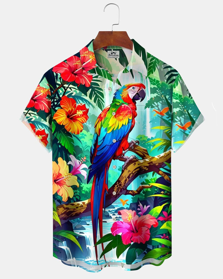 Alohadaddy® Hawaiian Parrot Print Pocket Elastic Button Men&