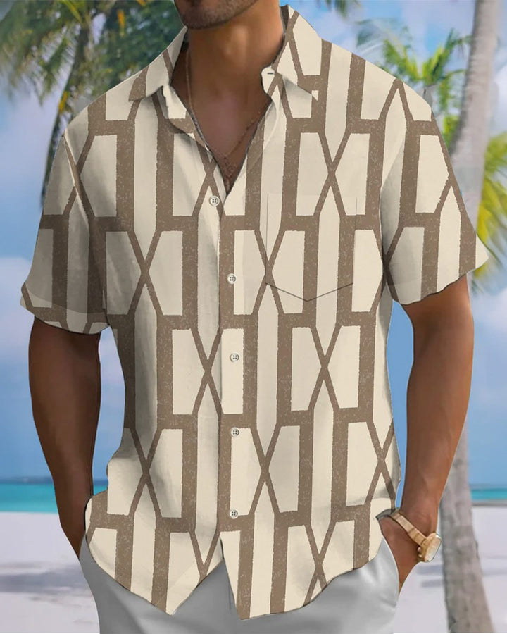 Alohadaddy® Retro Geometric Print Art Pocket Button Stretch Men&