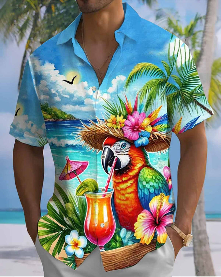Alohadaddy® Hawaiian Parrot Print Art Pocket Button Cardigan Men&