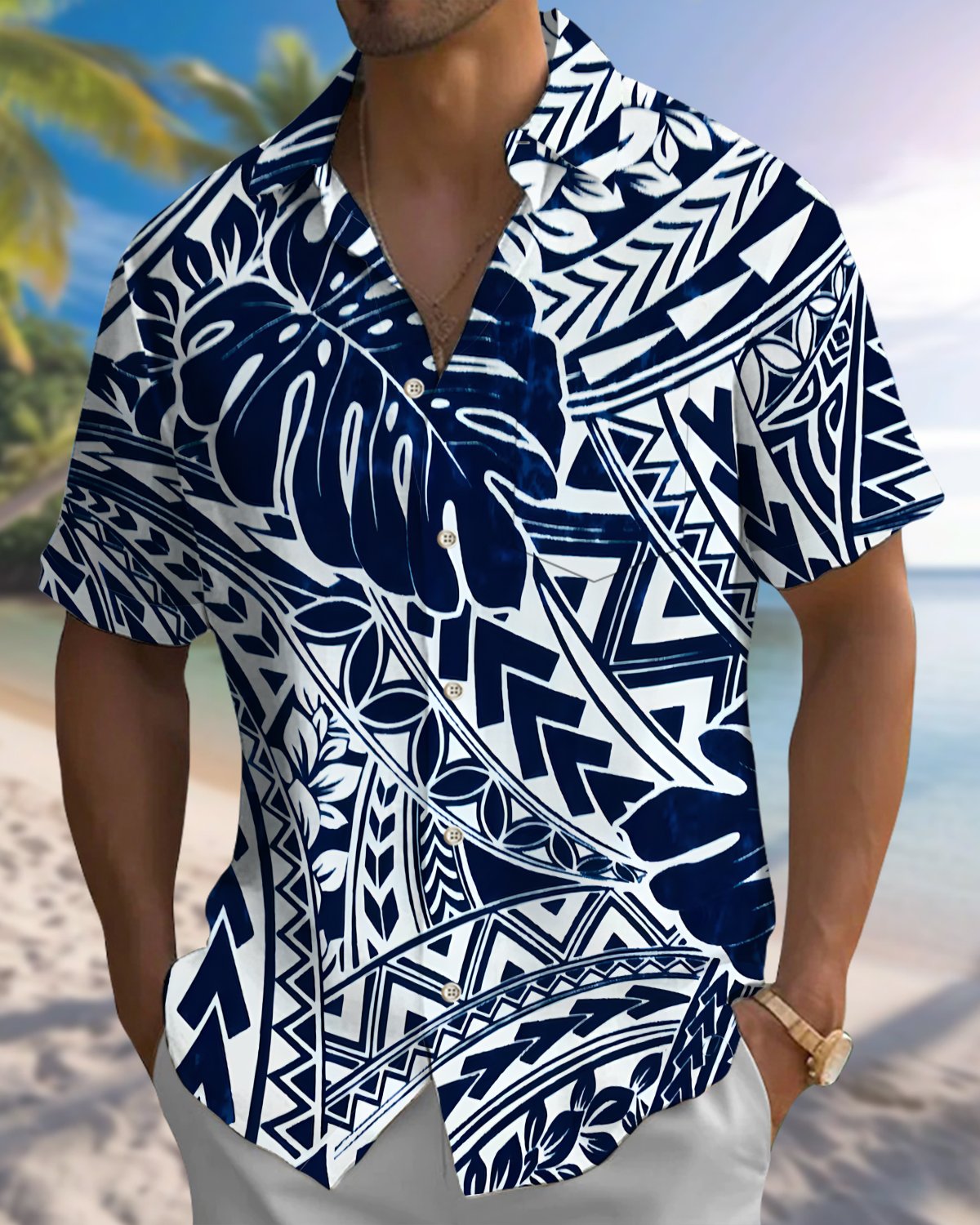 Alohadaddy® Hawaiian Palm Leaf Print Art Button Pocket Cardigan Men's Short Sleeve Shirt