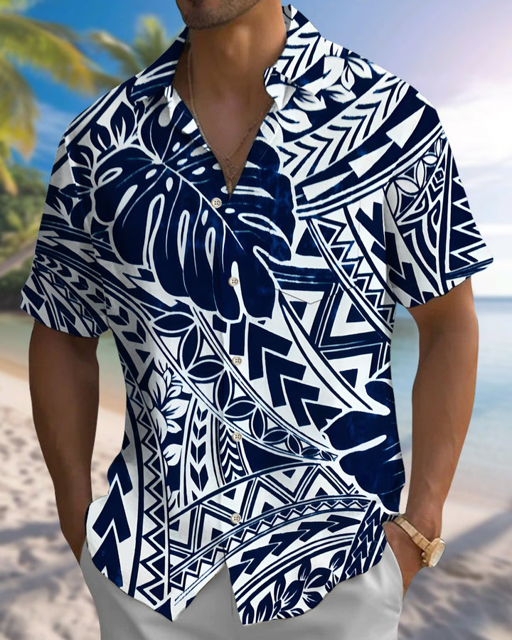 Alohadaddy® Hawaiian Palm Leaf Print Art Button Pocket Cardigan Men&