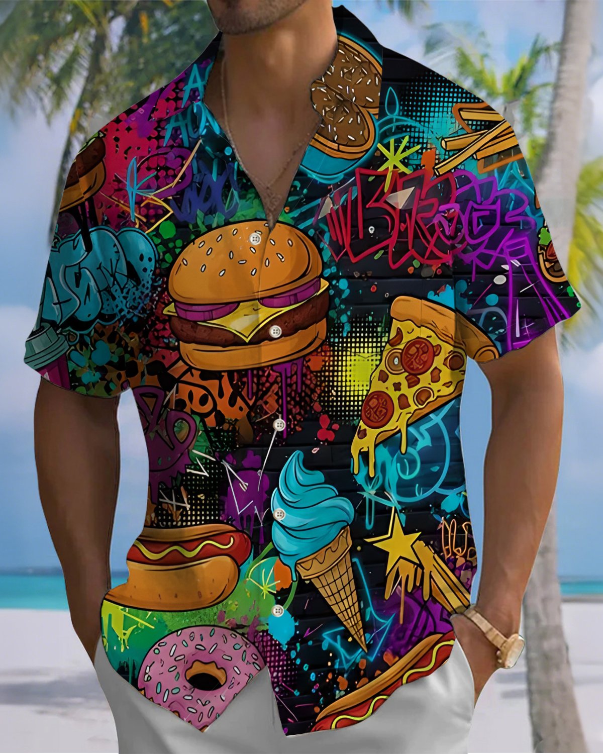 Alohadaddy® Men's Short-Sleeve Button-Down Shirt  Casual Style with Hamburger Fast Food Graphic Print and Pocket