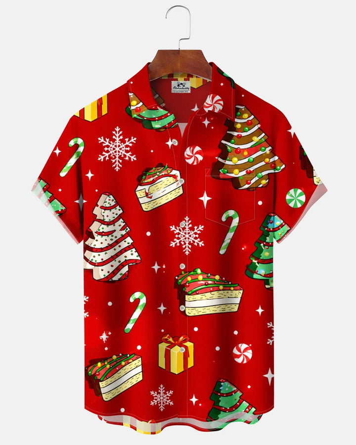 Alohadaddy® Holiday/Christmas Print Button-Down Short-Sleeve Shirt with Pocket for Men