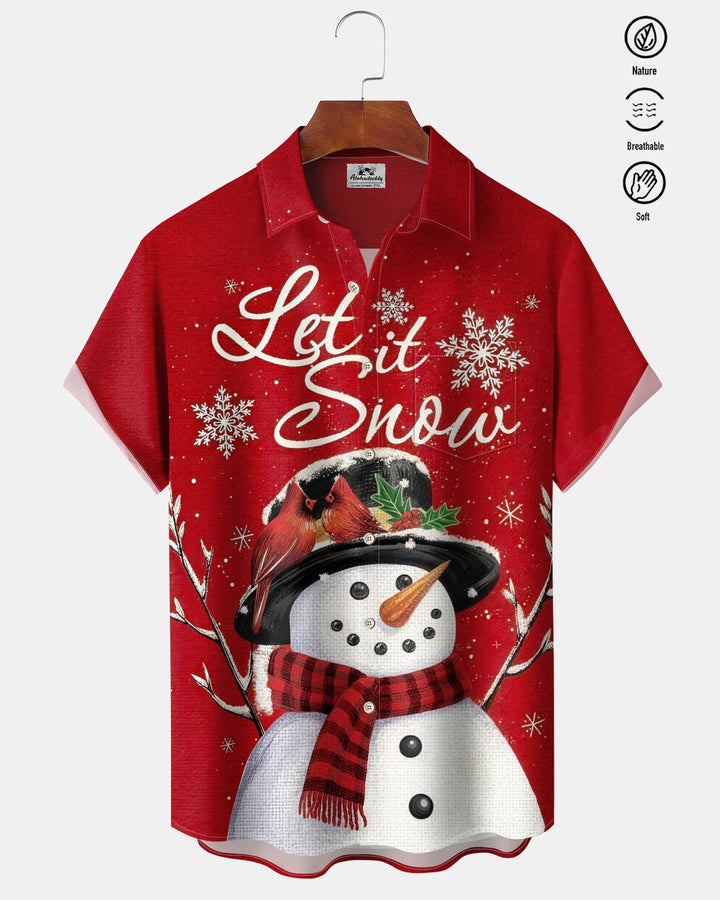 Alohadaddy® Holiday Christmas Snowman Print Button-Down Short-Sleeve Shirt with Pocket
