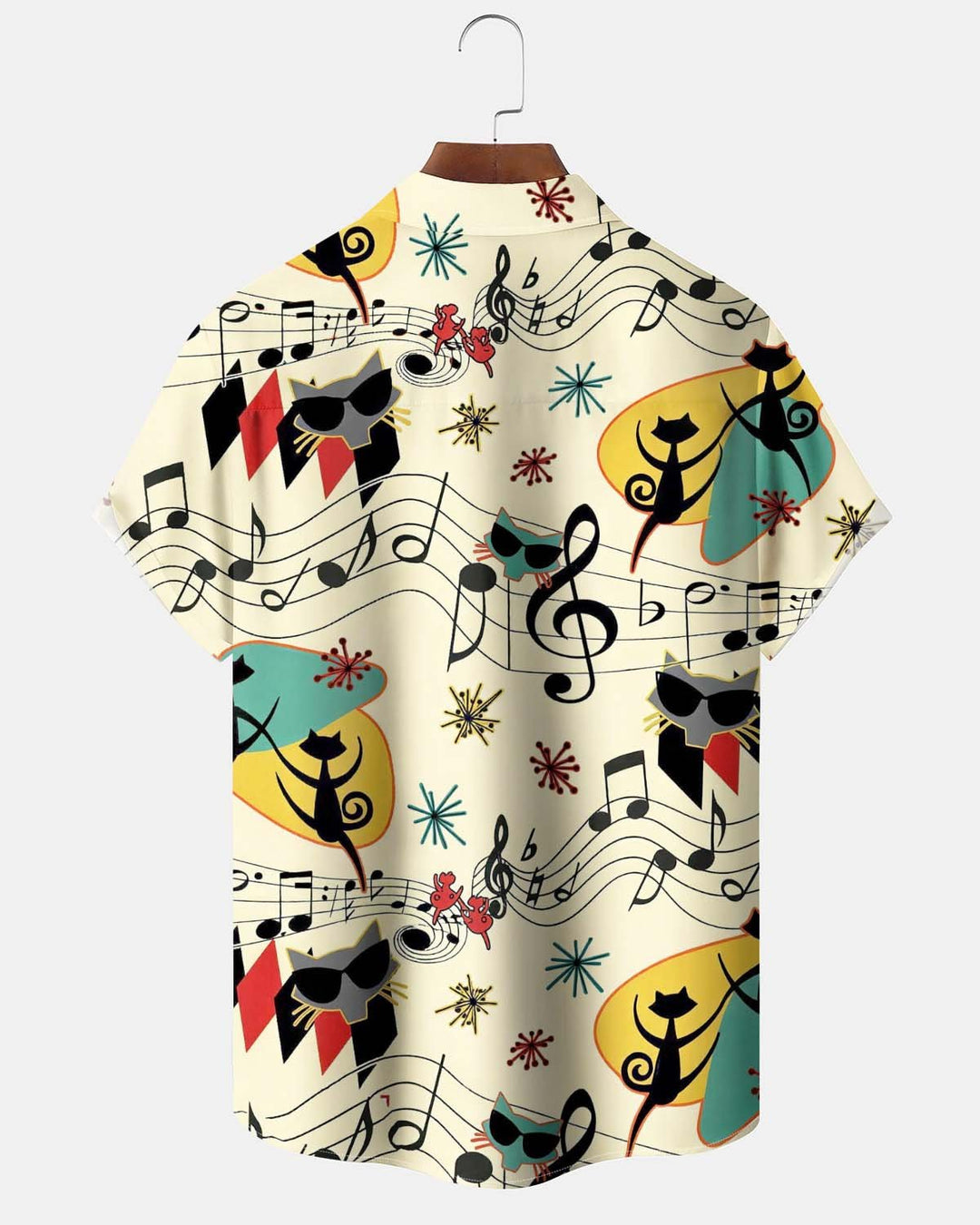 Alohadaddy® Men’s Short-Sleeve Button-Down Shirt  Vintage-Style Atomic Cat &amp; Musical Note Print with Pocket