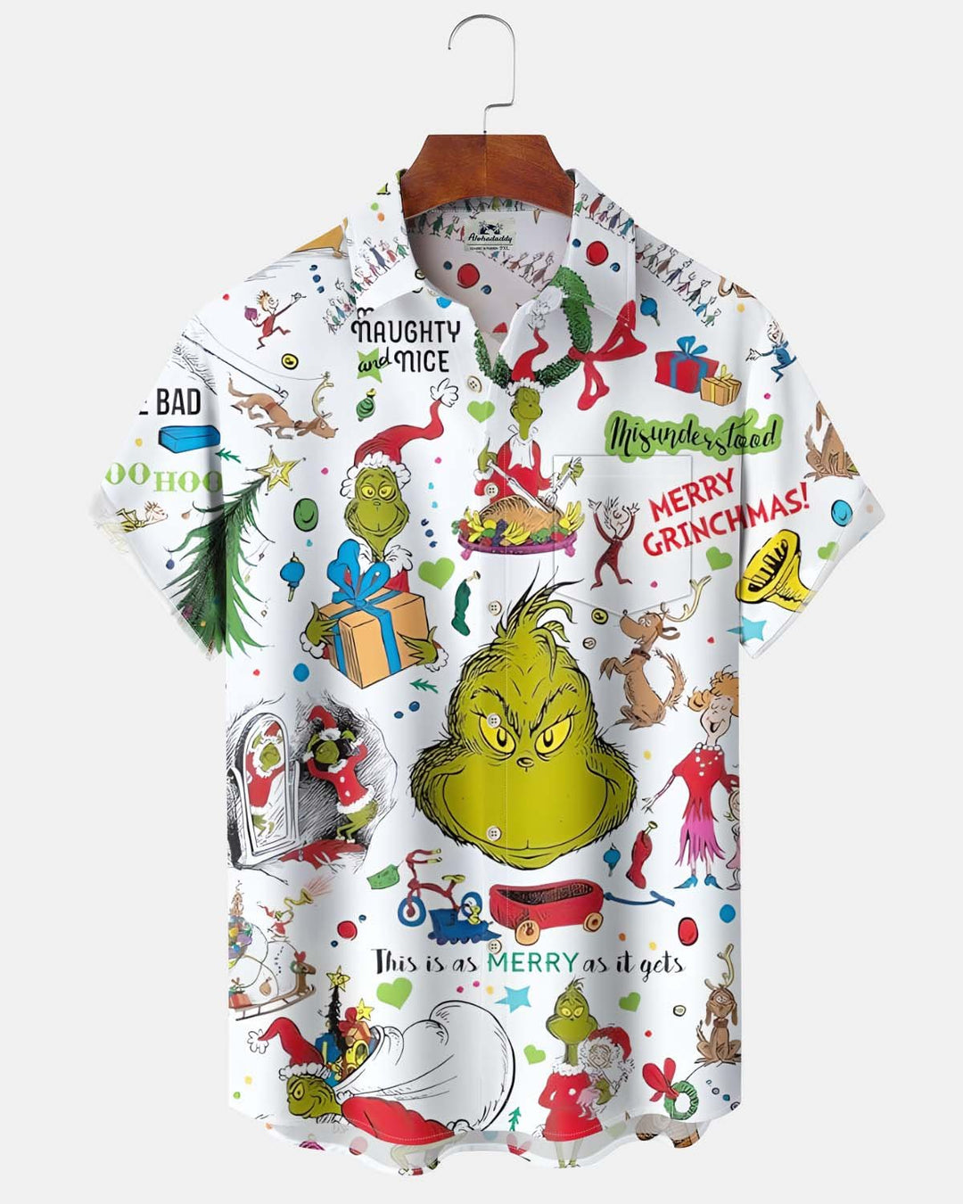 Alohadaddy® Holiday/Christmas Print Button-Down Short-Sleeve Men’s Cardigan Shirt with Pocket