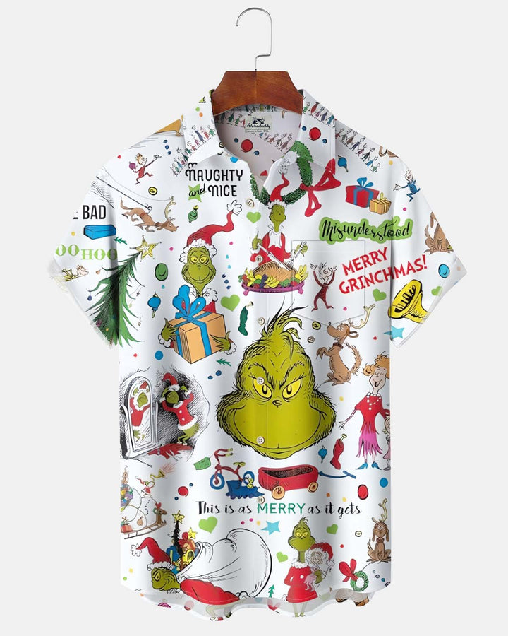 Alohadaddy® Holiday/Christmas Print Button-Down Short-Sleeve Men’s Cardigan Shirt with Pocket