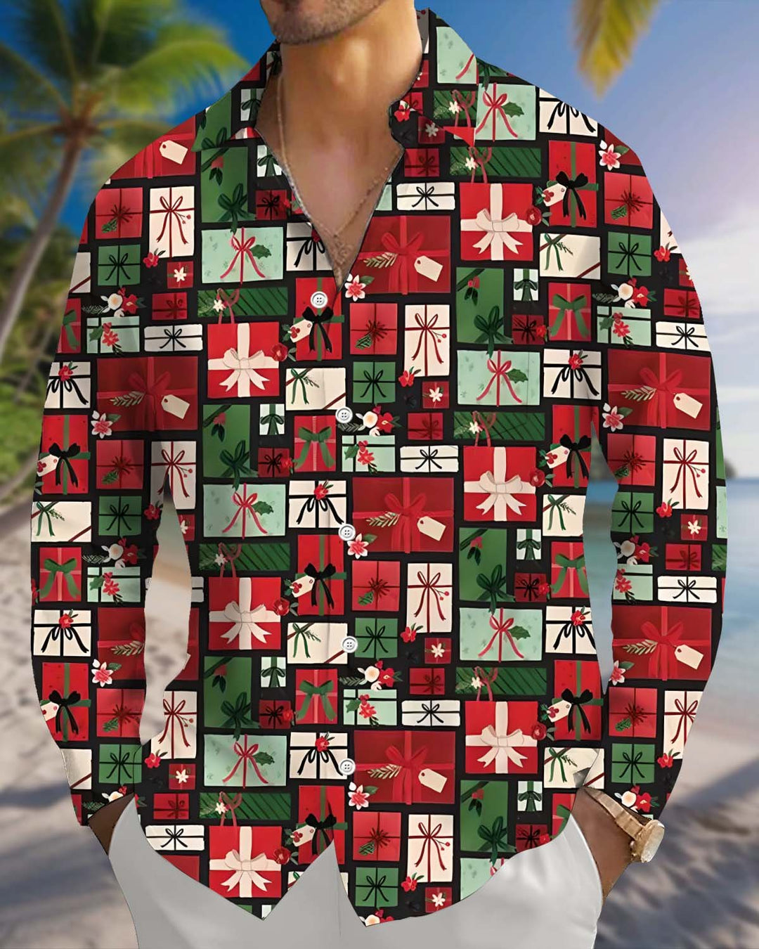 Alohadaddy® Holiday/Christmas Men’s Long-Sleeve Button-Down Shirt with Pocket
