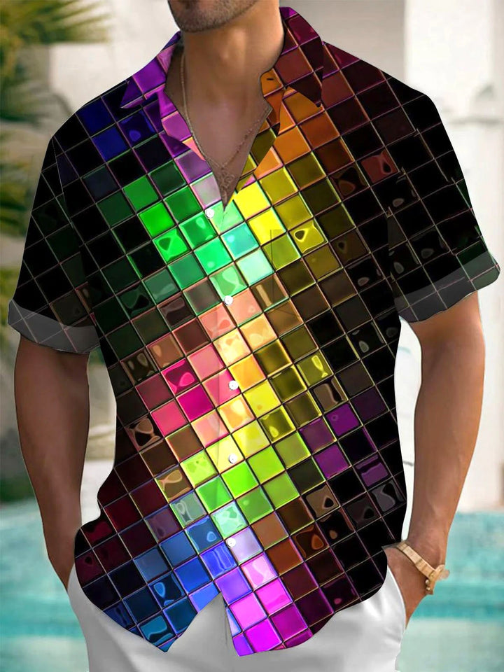 Camisa de manga corta con bolsillo abotonado y estampado 3D de arte geométrico retro para hombre de Alohadaddy