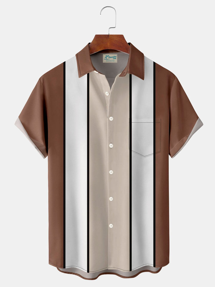 Camisa de manga corta con bolsillo abotonado y estampado 3D de rayas estilo bolos retro de Alohadaddy para hombre, talla grande y alta