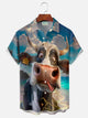 Alohadaddy Hawaii Cow Beach 3D Digital Print Men's Button Pocket Short Sleeve Shirt Big & Tall