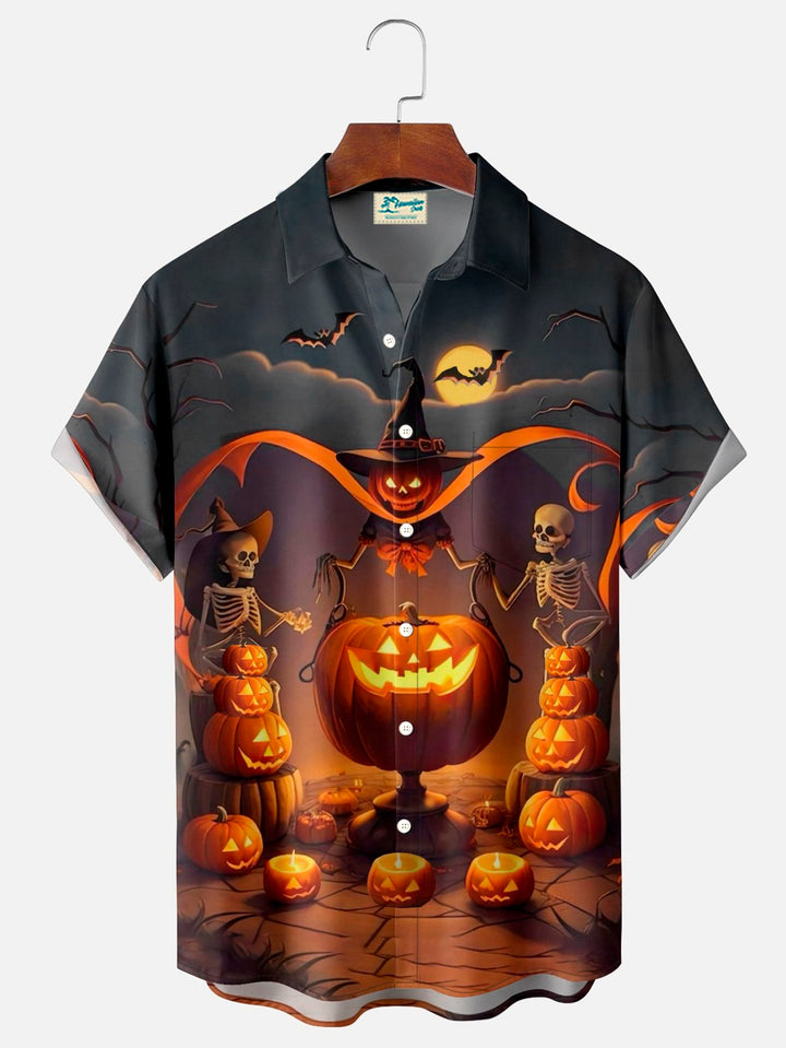 Camisa de manga corta con bolsillo y botones para hombre, con estampado digital 3D de calabaza de Halloween, para fiestas de Alohadaddy, tallas grandes y altas