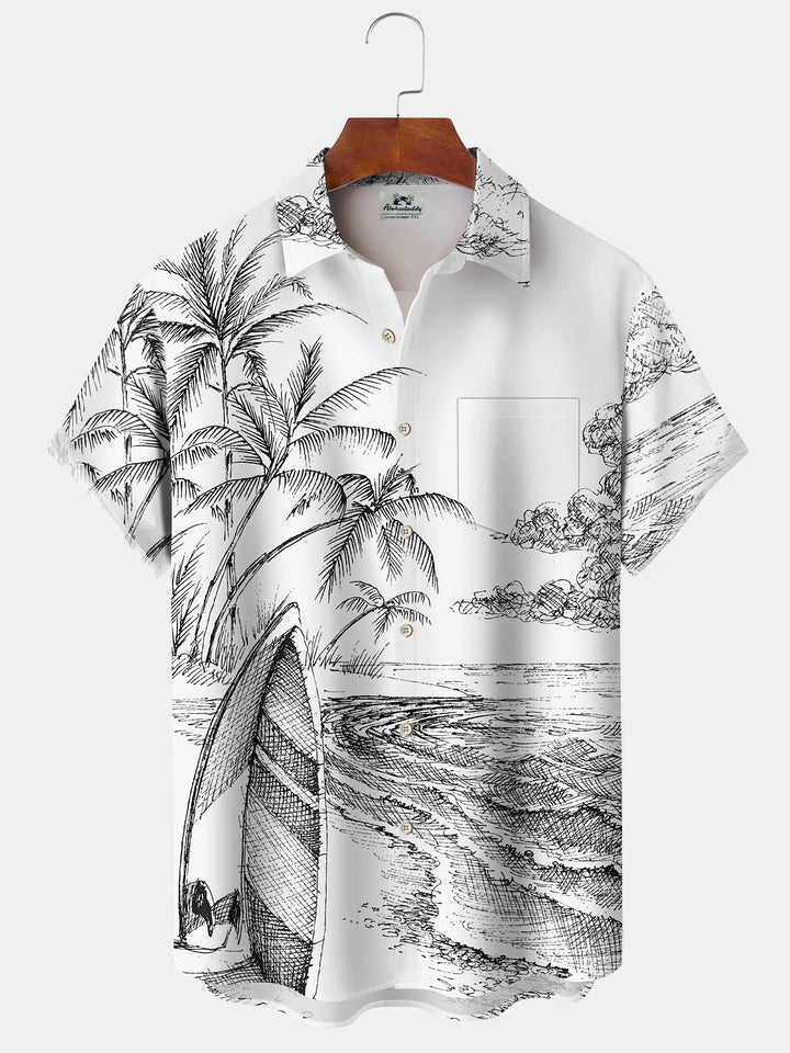 Camisa hawaiana con paisaje de playa y cocoteros pintados a mano para hombre