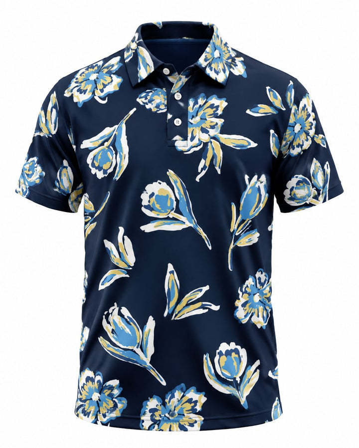 Men’s Basic Casual Flowering and plants Retro Print Button Down Polo Short-Sleeve Big &amp; Tall