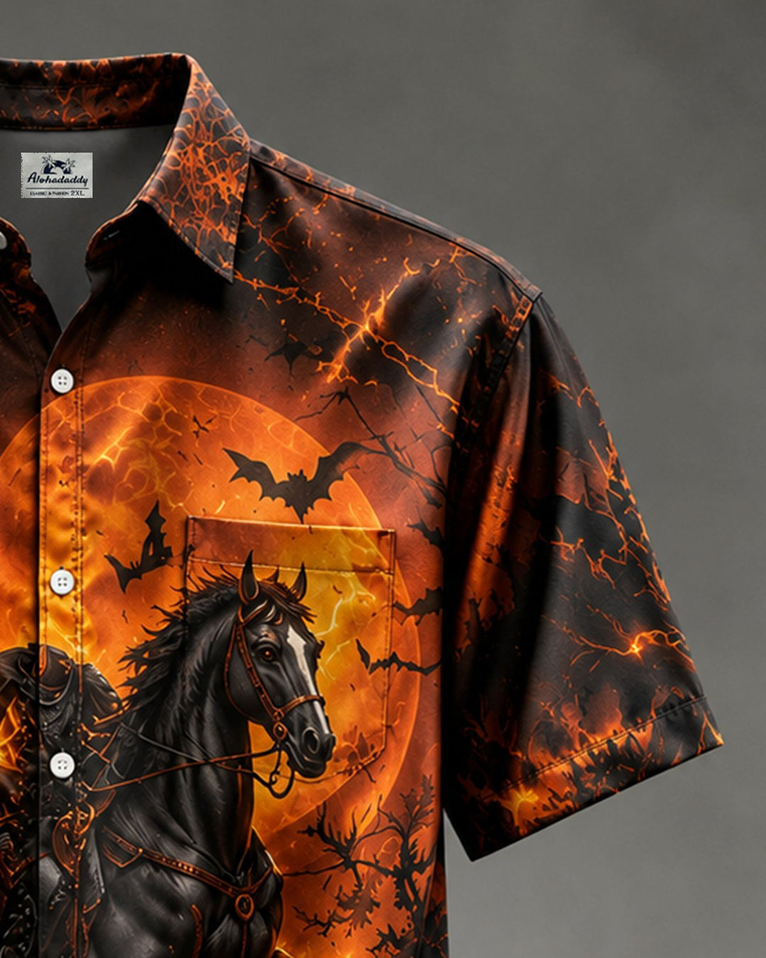 Alohadaddy® Holiday Halloween Headless Horseman, Black Horse, Pumpkin, Full Moon, Bat, and Flame Print Men&