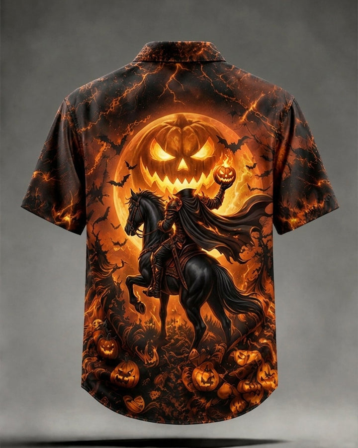 Alohadaddy® Holiday Halloween Headless Horseman, Black Horse, Pumpkin, Full Moon, Bat, and Flame Print Men&