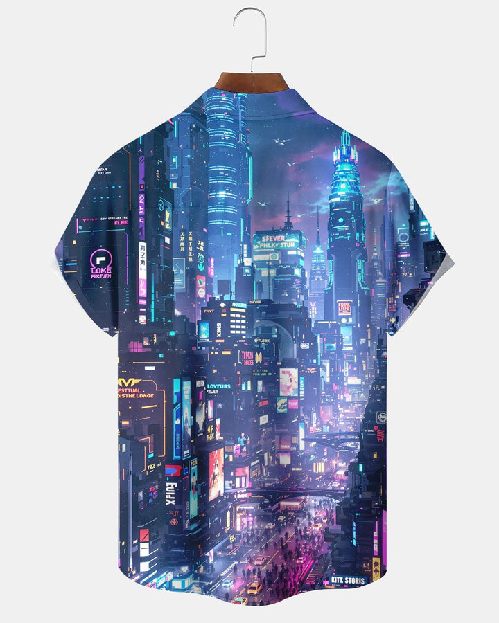 Alohadaddy® Retro Cyberpunk City Nightscape Neon Light Print Men&