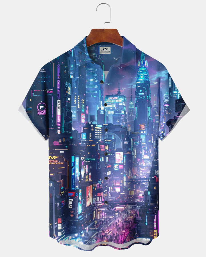 Alohadaddy® Retro Cyberpunk City Nightscape Neon Light Print Men&