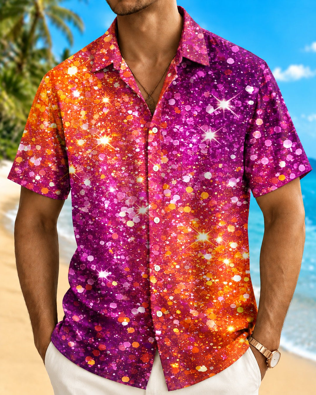 Alohadaddy® Casual Abstract Art Fireworks Reflective Print Men&
