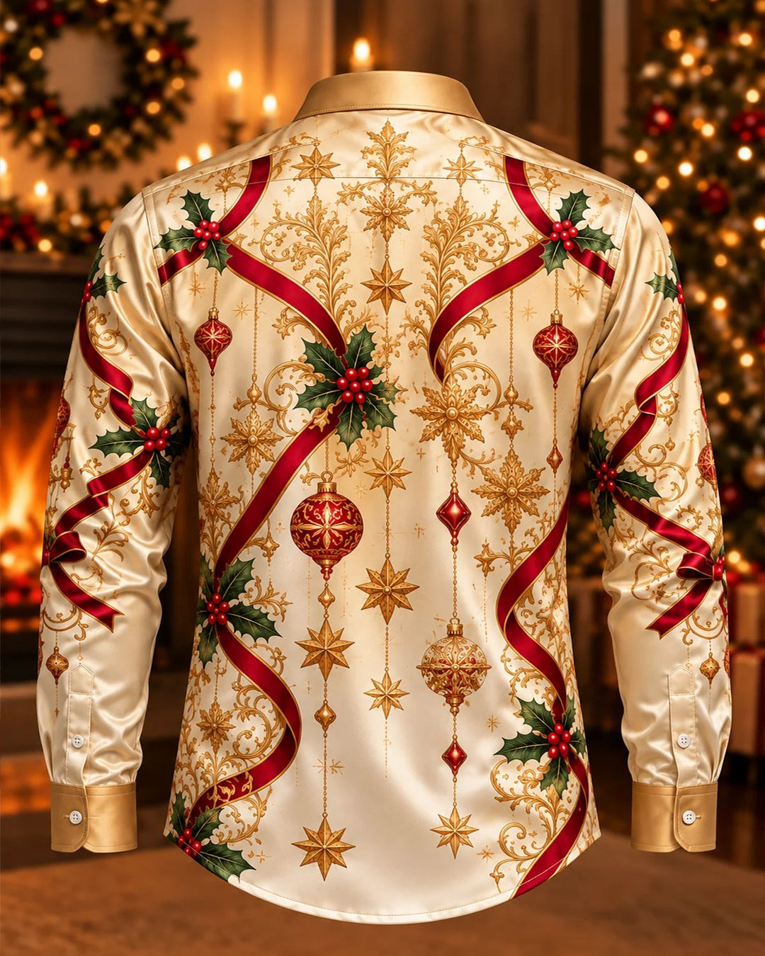 Alohadaddy® Holiday Christmas Champagne Gold Ribbon Print Men&