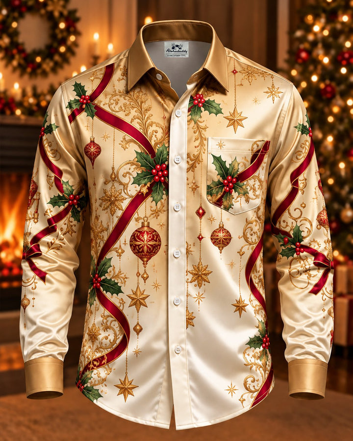 Alohadaddy® Holiday Christmas Champagne Gold Ribbon Print Men&