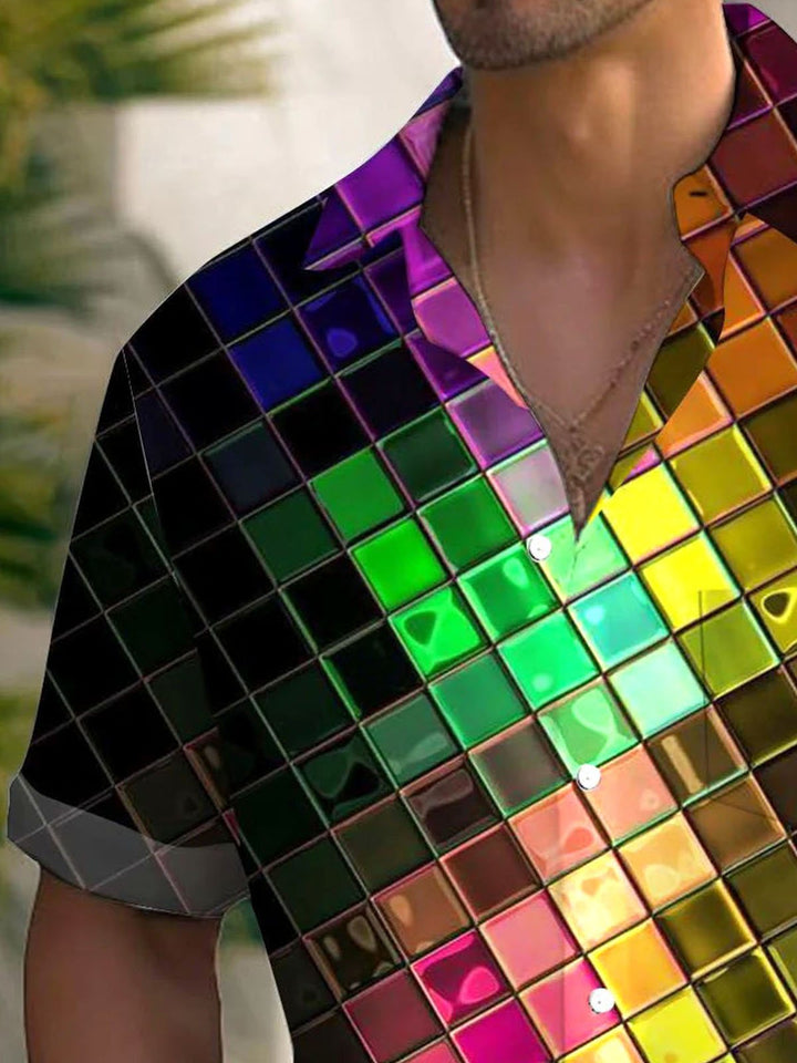 Camisa de manga corta con bolsillo abotonado y estampado 3D de arte geométrico retro para hombre de Alohadaddy