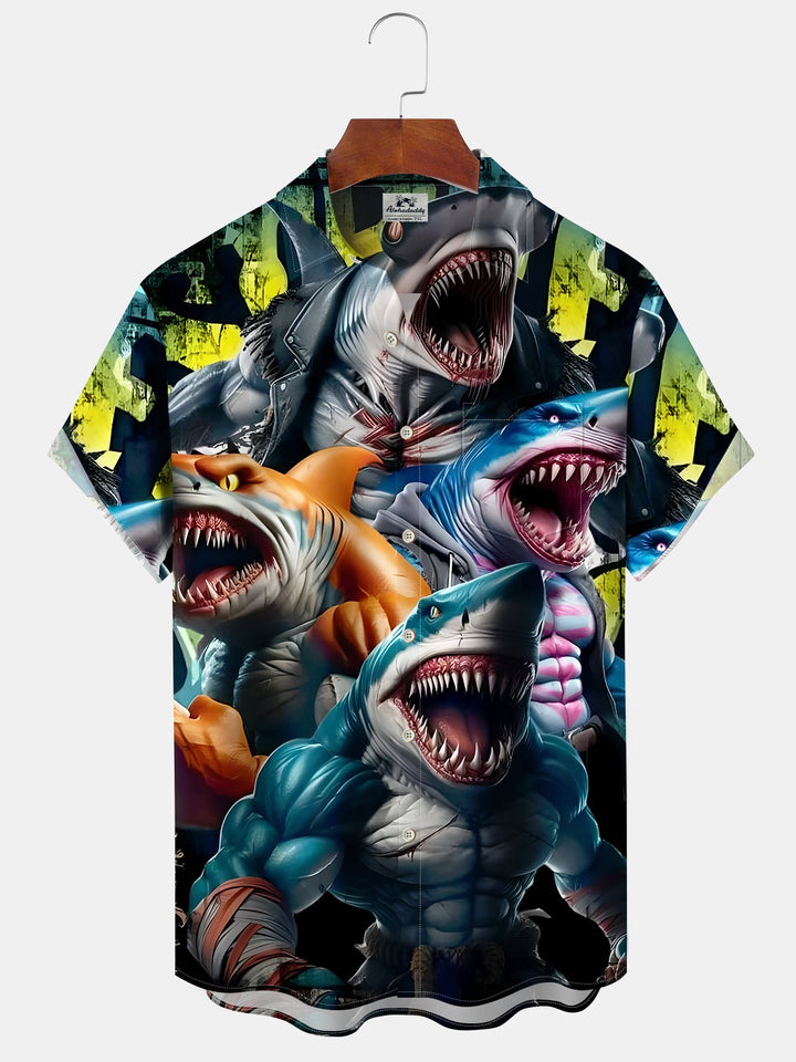 Alohadaddy Casual Series Shark Button Pocket Stretch Large Size Short Sleeve Shirt