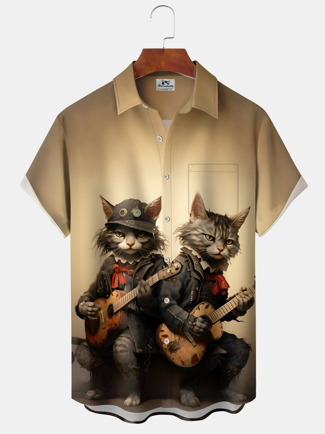 Alohadaddy Casual Retro Rock Cat Print Art Button Cardigan Pocket Stretch Long Large Size Short Sleeve Shirt