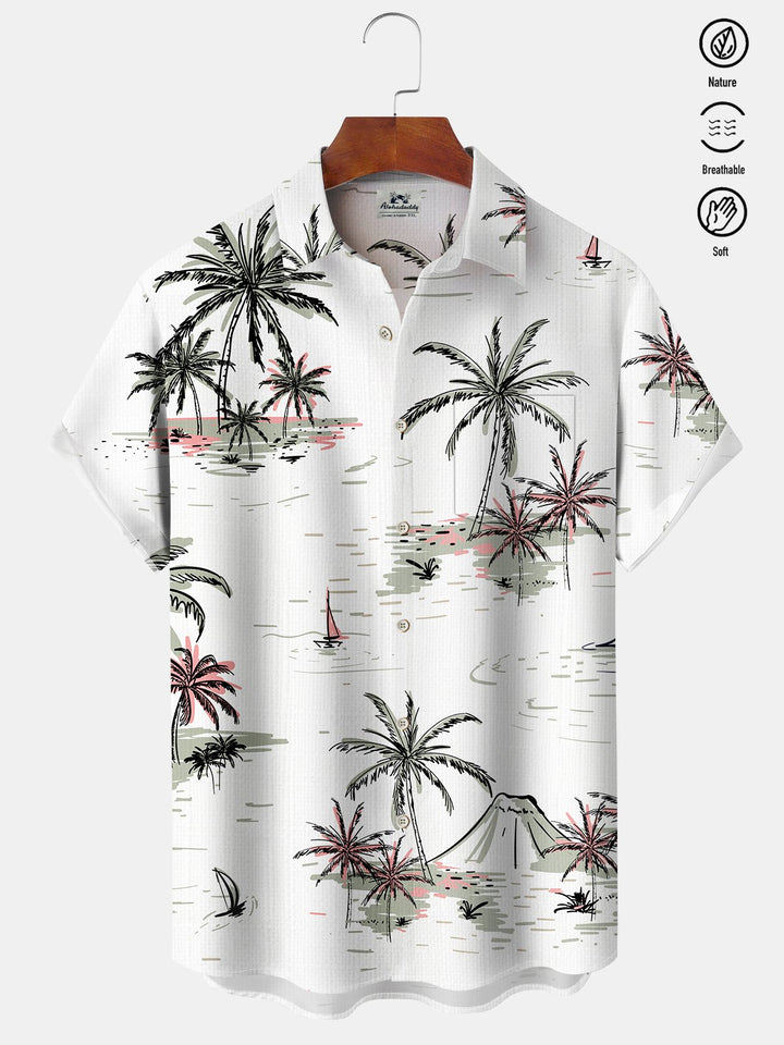 Alohadaddy Casual Hawaii Palm Trees Art Print Button Cardigan Pockets Stretch Oversized Long Short Sleeve Shirt