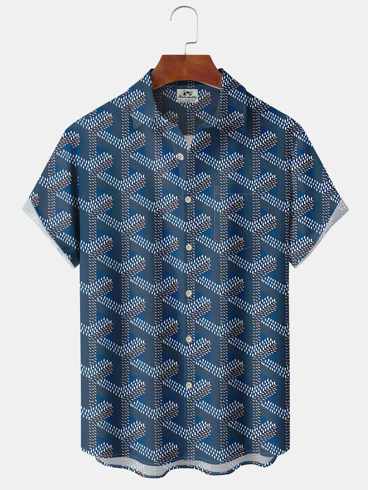 Alohadaddy Casual Collection Geometric Print Art Button Cardigan Pockets Fresh Stretch Polyester Short Sleeve Shirt