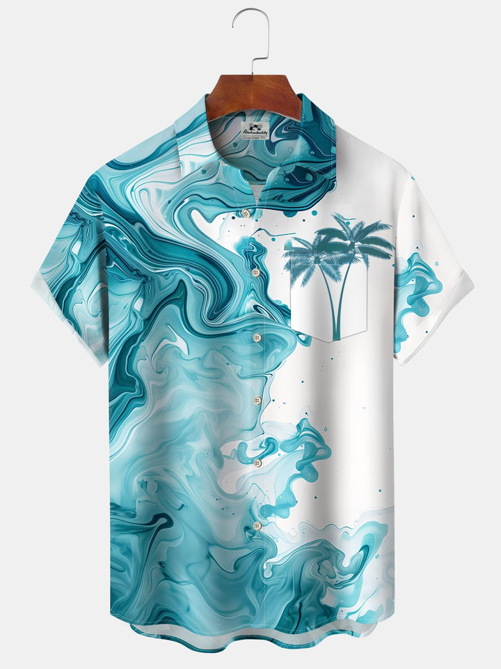 Alohadaddy Casual Collection Abstract Art Palm Trees Printed Art Buttons Cardigan Pockets Polyester Stretch Short Sleeve Shirt