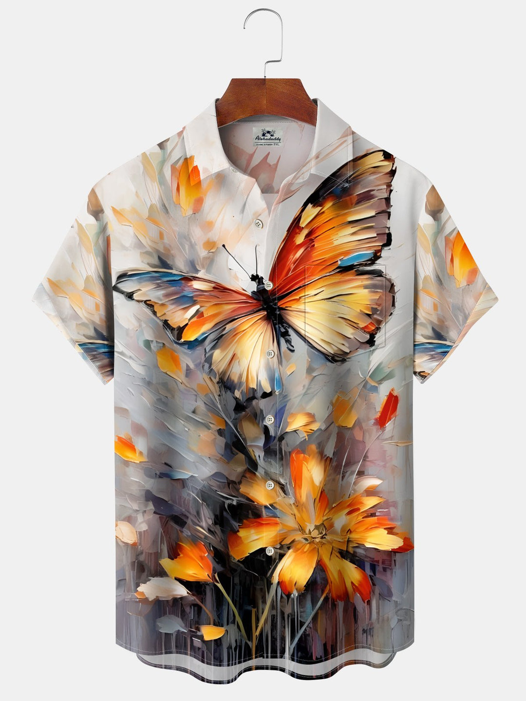 Alohadaddy Casual Butterfly Painting Print Art Moisture Wicking Chest Pocket Hawaiian Short Sleeve Shirt