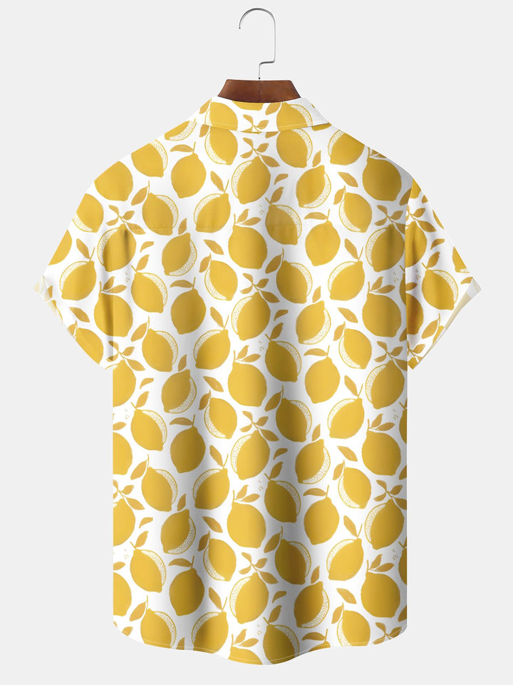 Alohadaddy® Casual Fruit Lemon Art Print Chest Pocket Elasticity Hawaiian Short Sleeve Shirt Big &amp; Tall