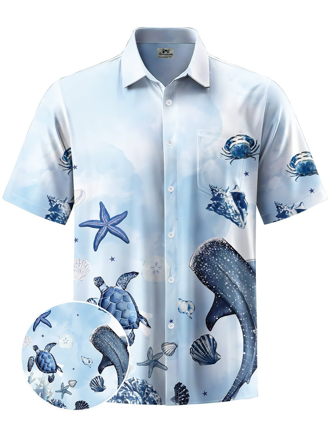 Alohadaddy® Hawaii Whale Turtle Print Art Chest Pocket Mens Short Sleeve Shirt Big &amp; Tall