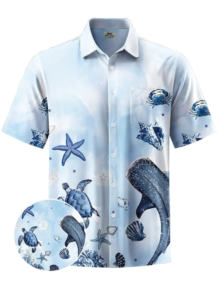 Alohadaddy® Hawaii Whale Turtle Print Art Chest Pocket Mens Short Sleeve Shirt Big &amp; Tall