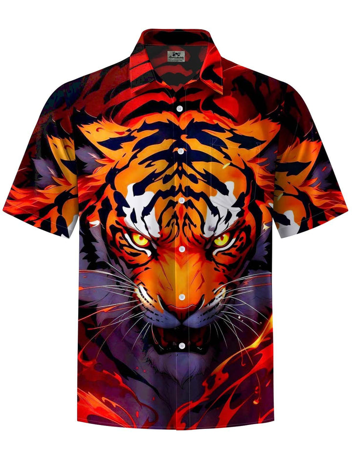 Alohadaddy® Casual Tiger Art Print Chest Pocket Stretch Men&