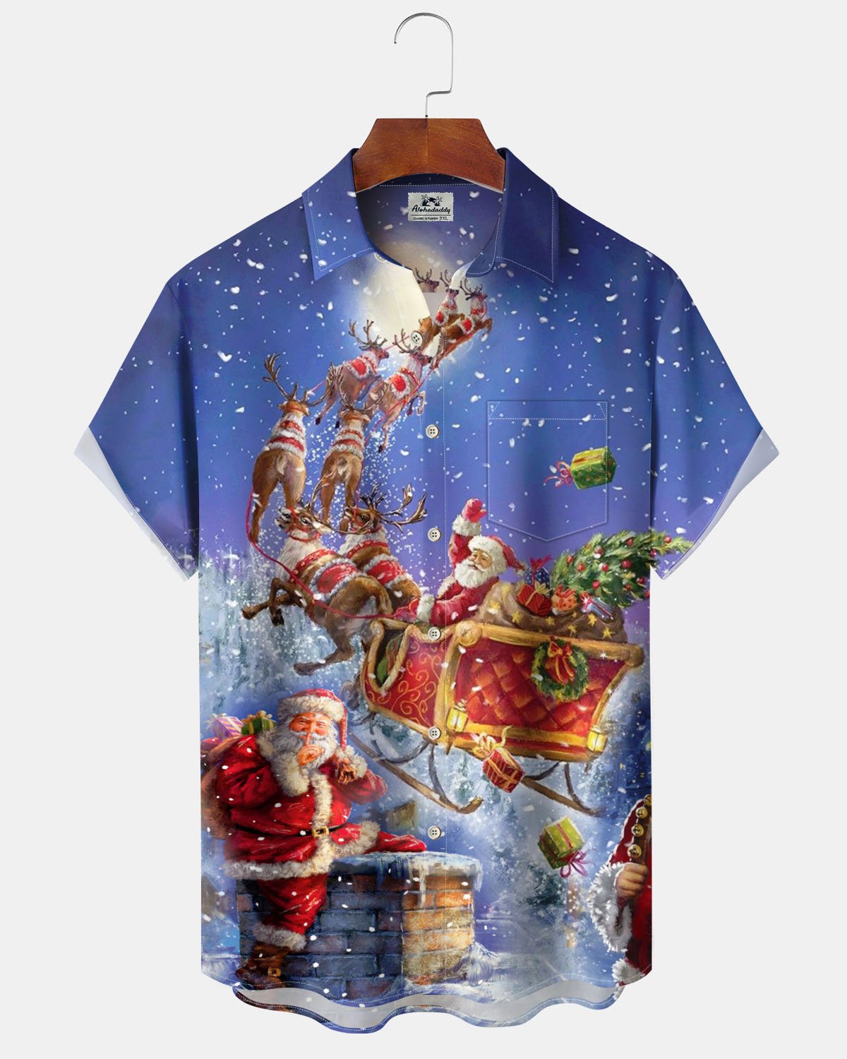 Alohadaddy® Christmas Santa Claus Gift Art Print Stretch Button Pocket Men's Short Sleeve Shirt Big & Tall