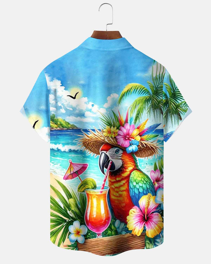 Alohadaddy® Hawaiian Parrot Print Art Pocket Button Cardigan Men&